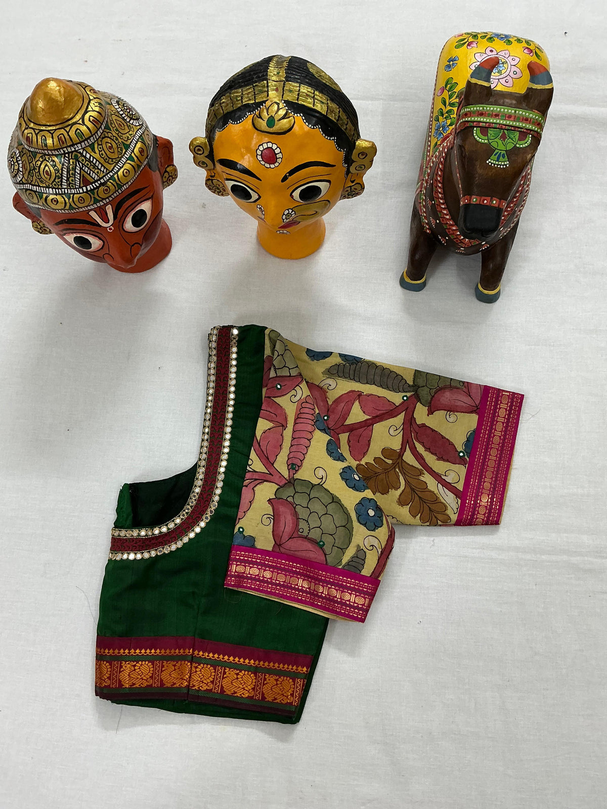 Handcrafted Ready to Wear Blouse : Kanjivaram &amp; Kalamkari (Dark Green)