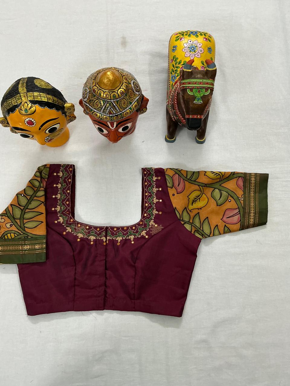 Handcrafted Ready to Wear Blouse : Kanjivaram &amp; Kalamkari (Maroon)