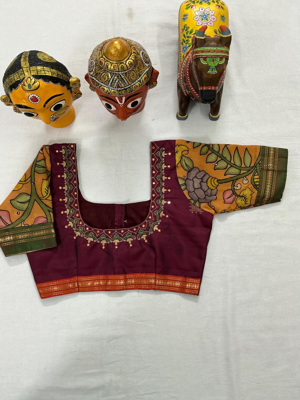 Handcrafted Ready to Wear Blouse : Kanjivaram &amp; Kalamkari (Maroon)
