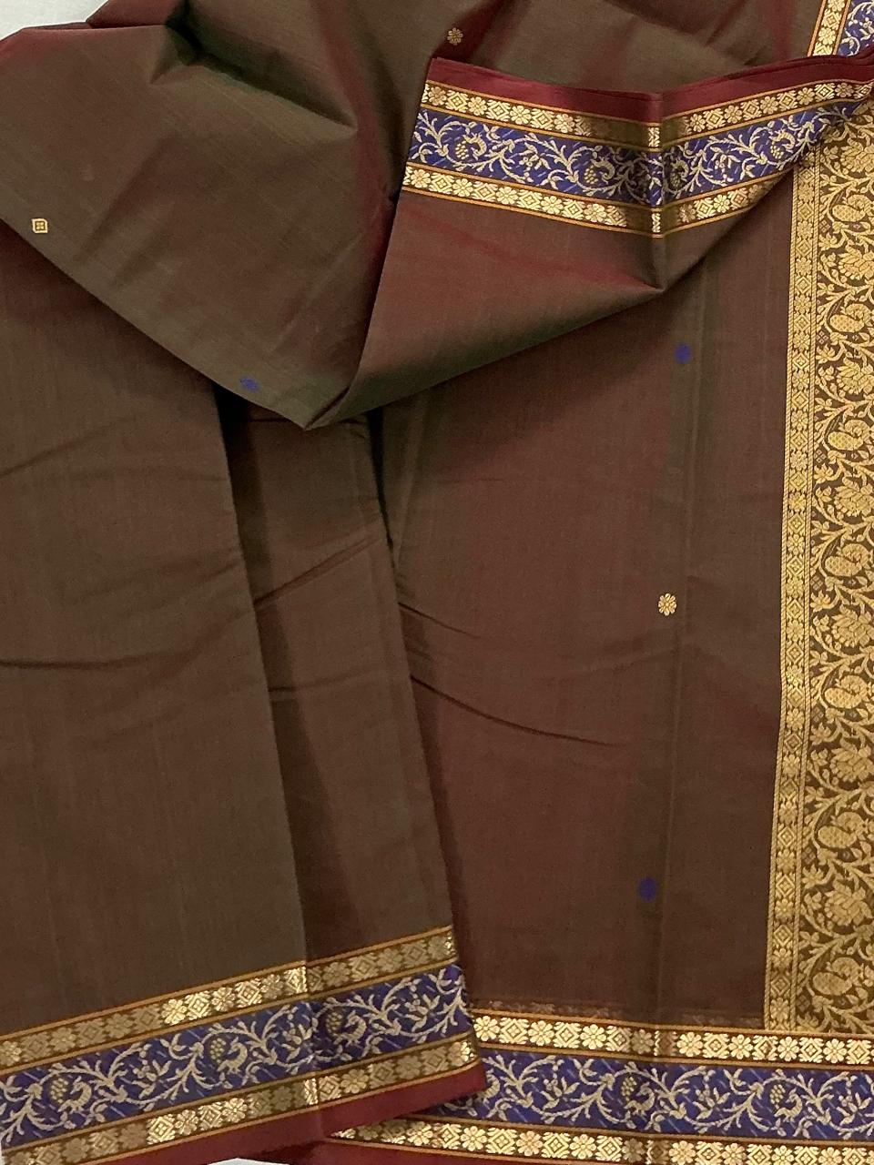 Handwoven Kanchi cotton : Manthulir (Shot red green)