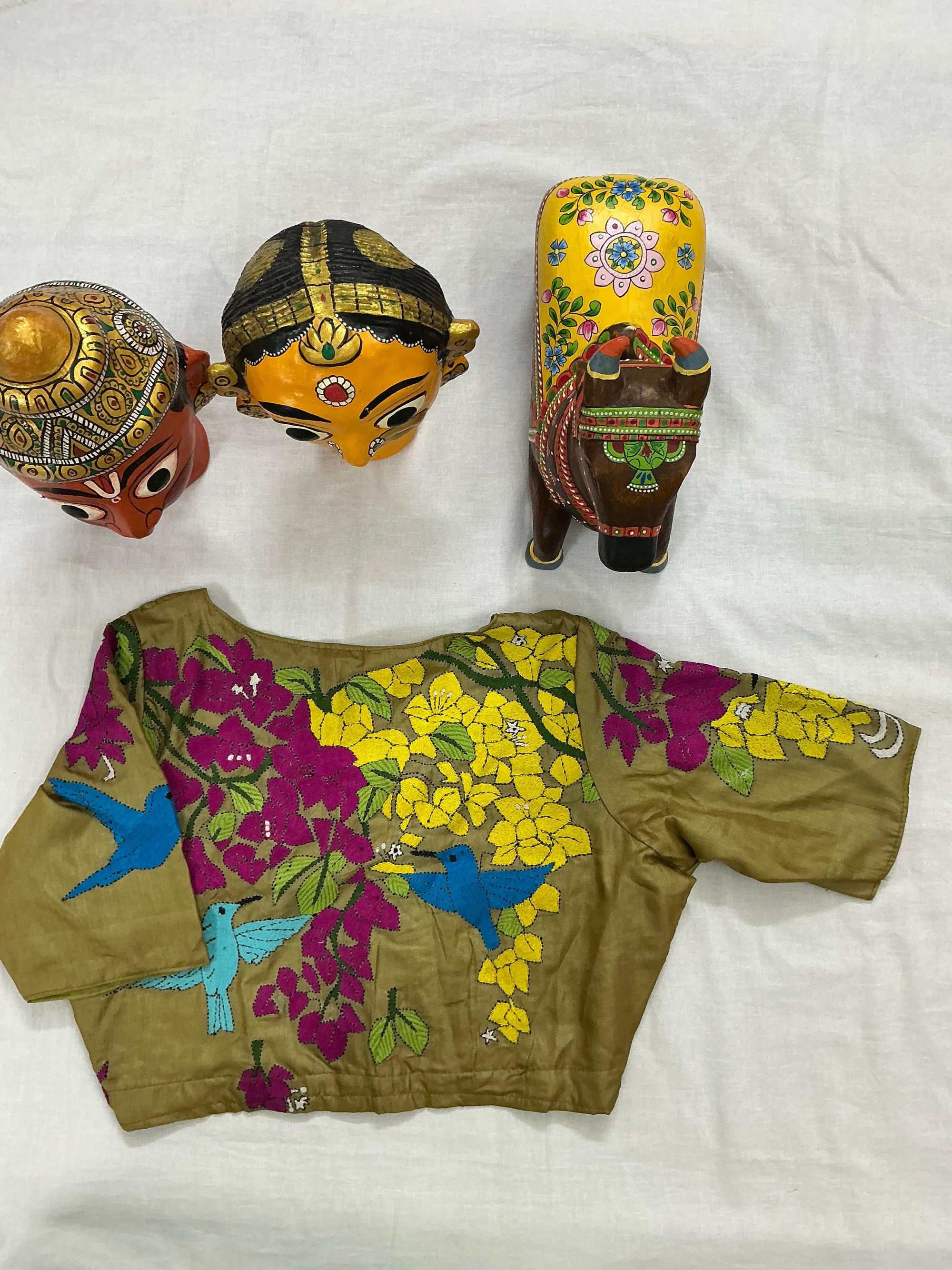 Handcrafted Ready to Wear Blouse : Kantha Embroidery (Olive Green)