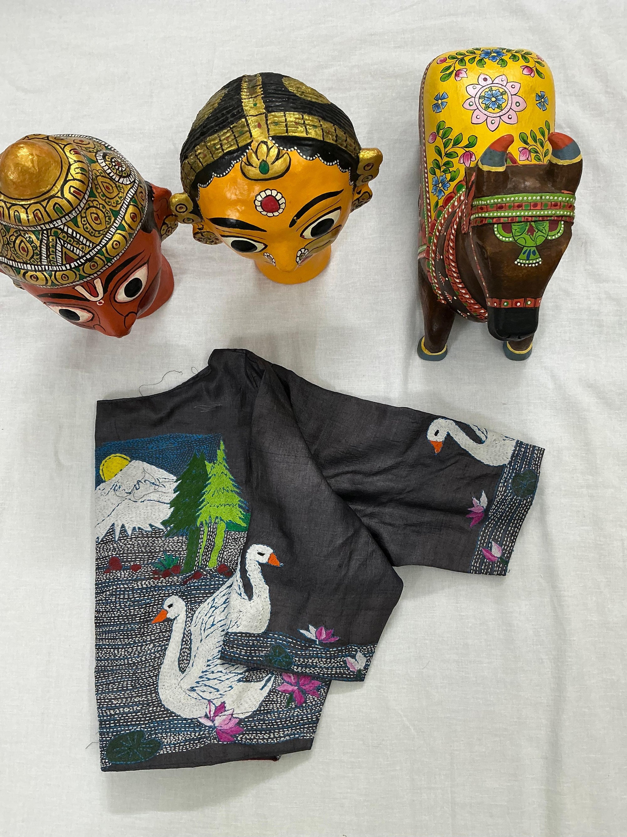 Handcrafted Ready to Wear Blouse : Kantha Embroidery (Charcoal Grey)