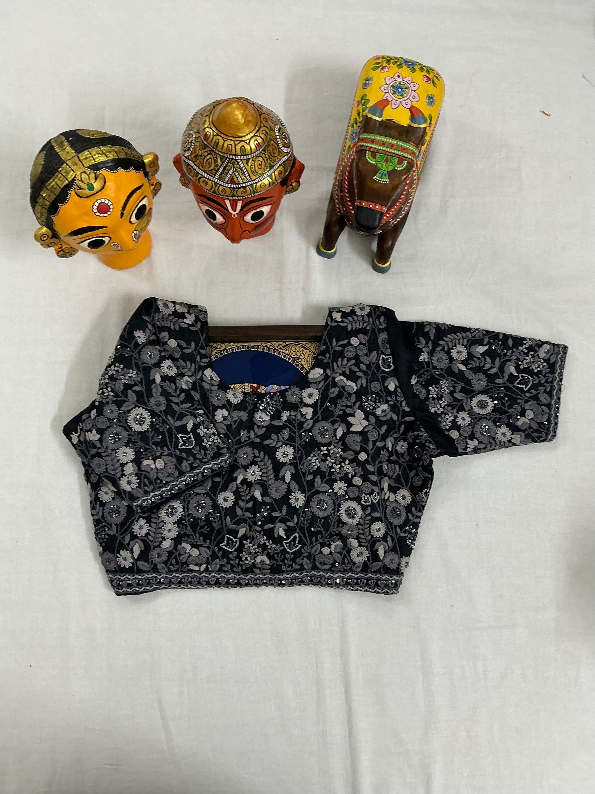 Handcrafted Ready to Wear Blouse : Tussar French Knot Embroidery (Black)