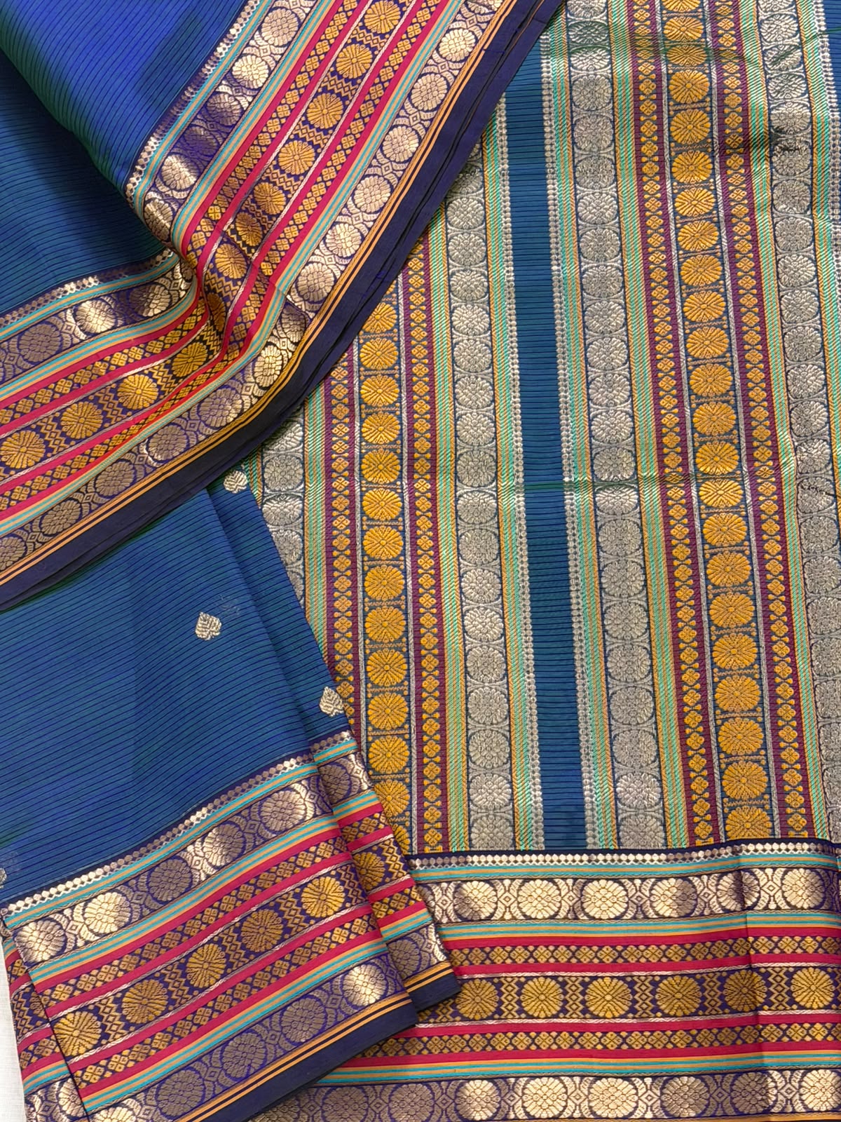Silk Cotton :  Peacock Blue with Rich border