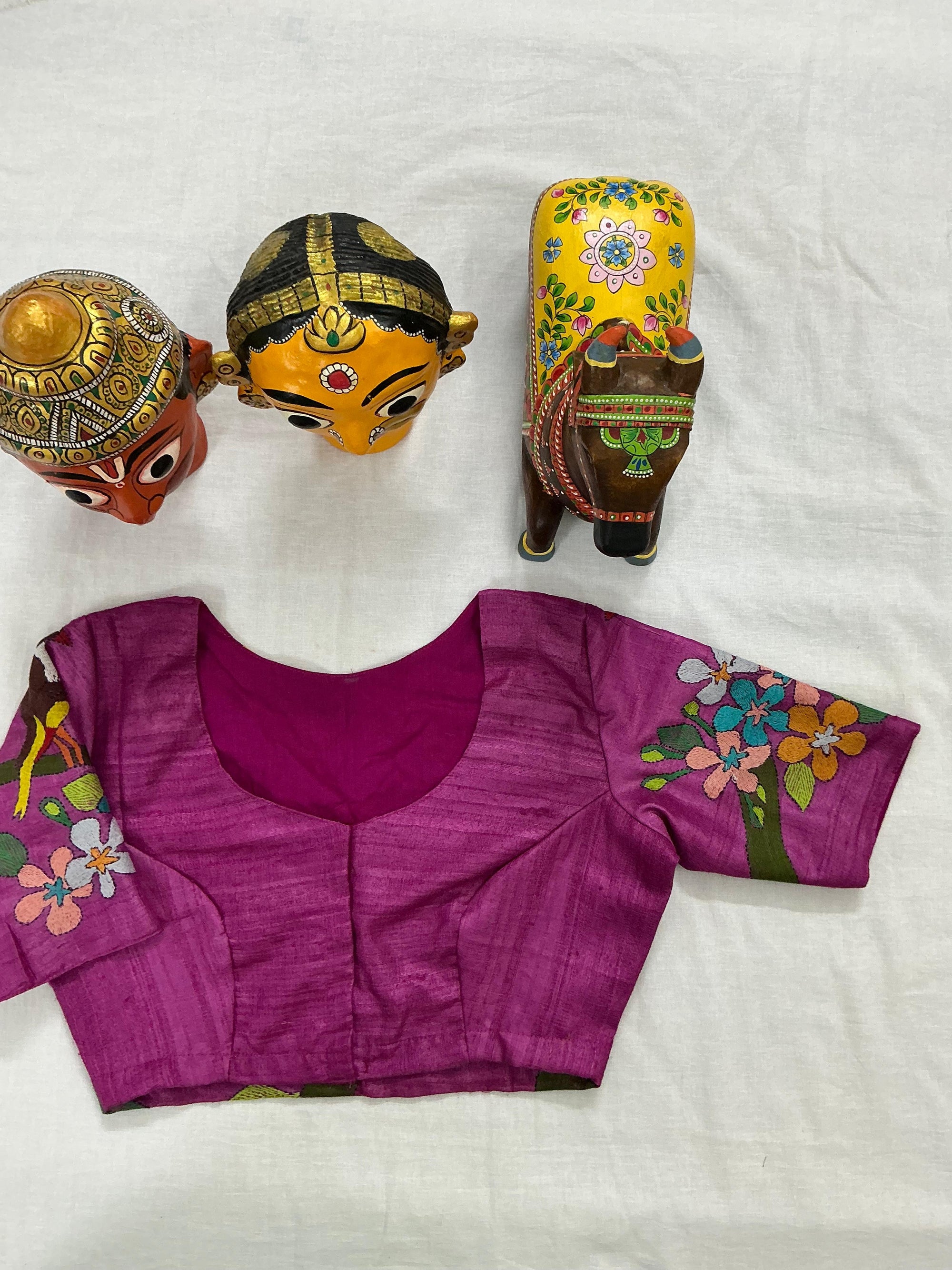 Handcrafted Ready to Wear Blouse : Kantha Embroidery (Pink Purple)