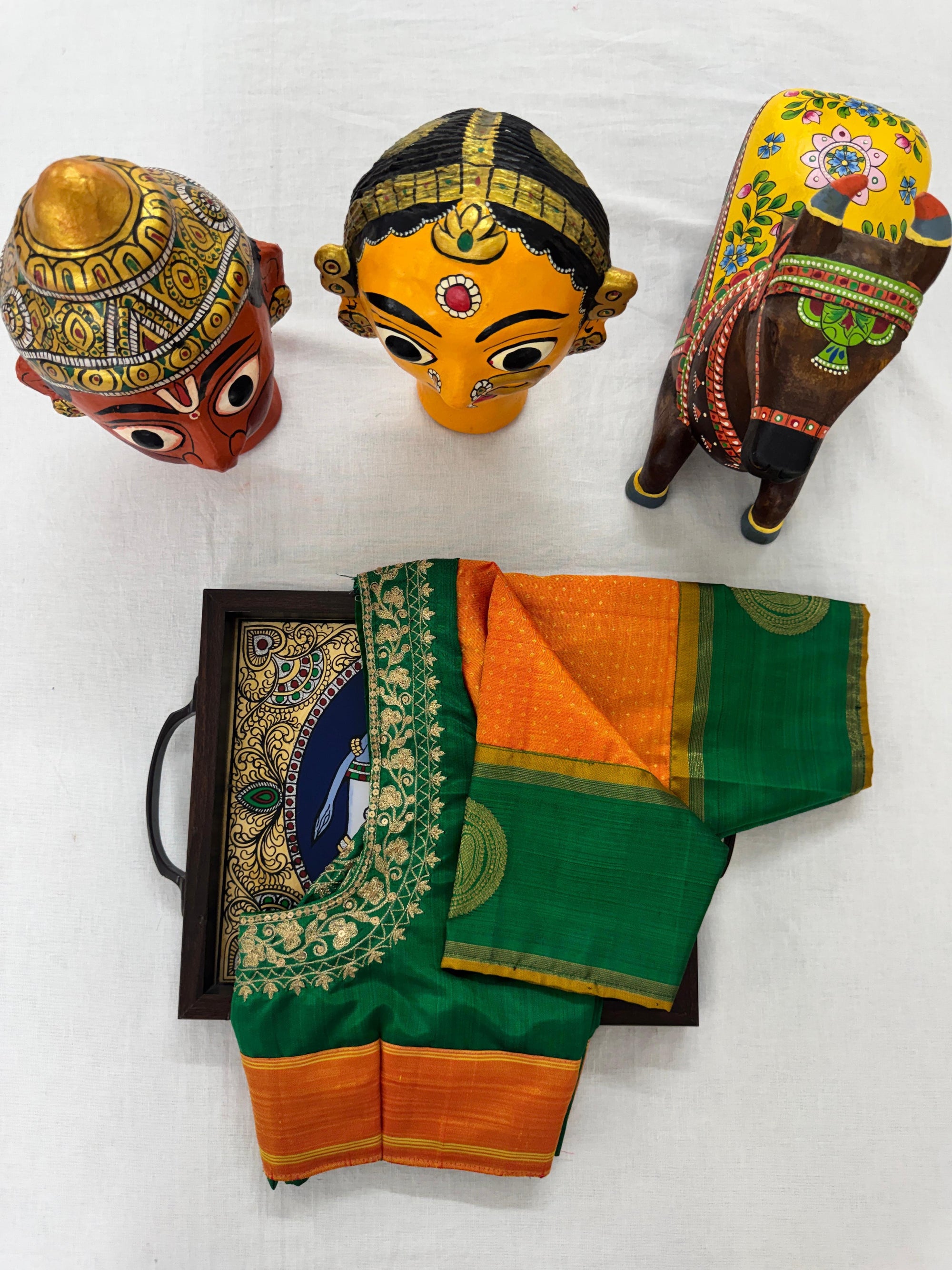 Handcrafted Kanjivaram silk Blouse : Orange + Green
