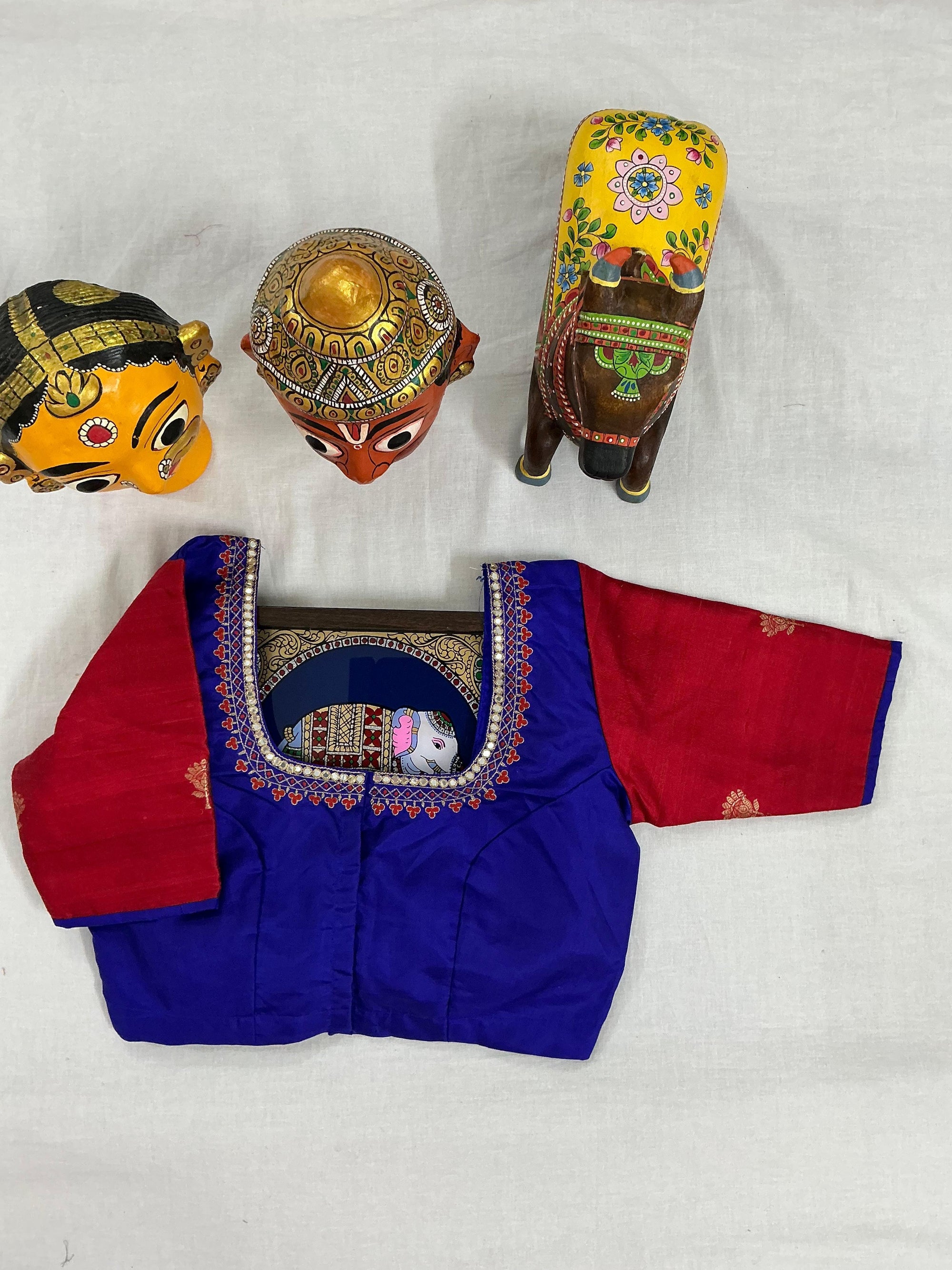 Handcrafted Ready to Wear Blouse : Kanjivaram Silk (MS Blue &amp; Red)