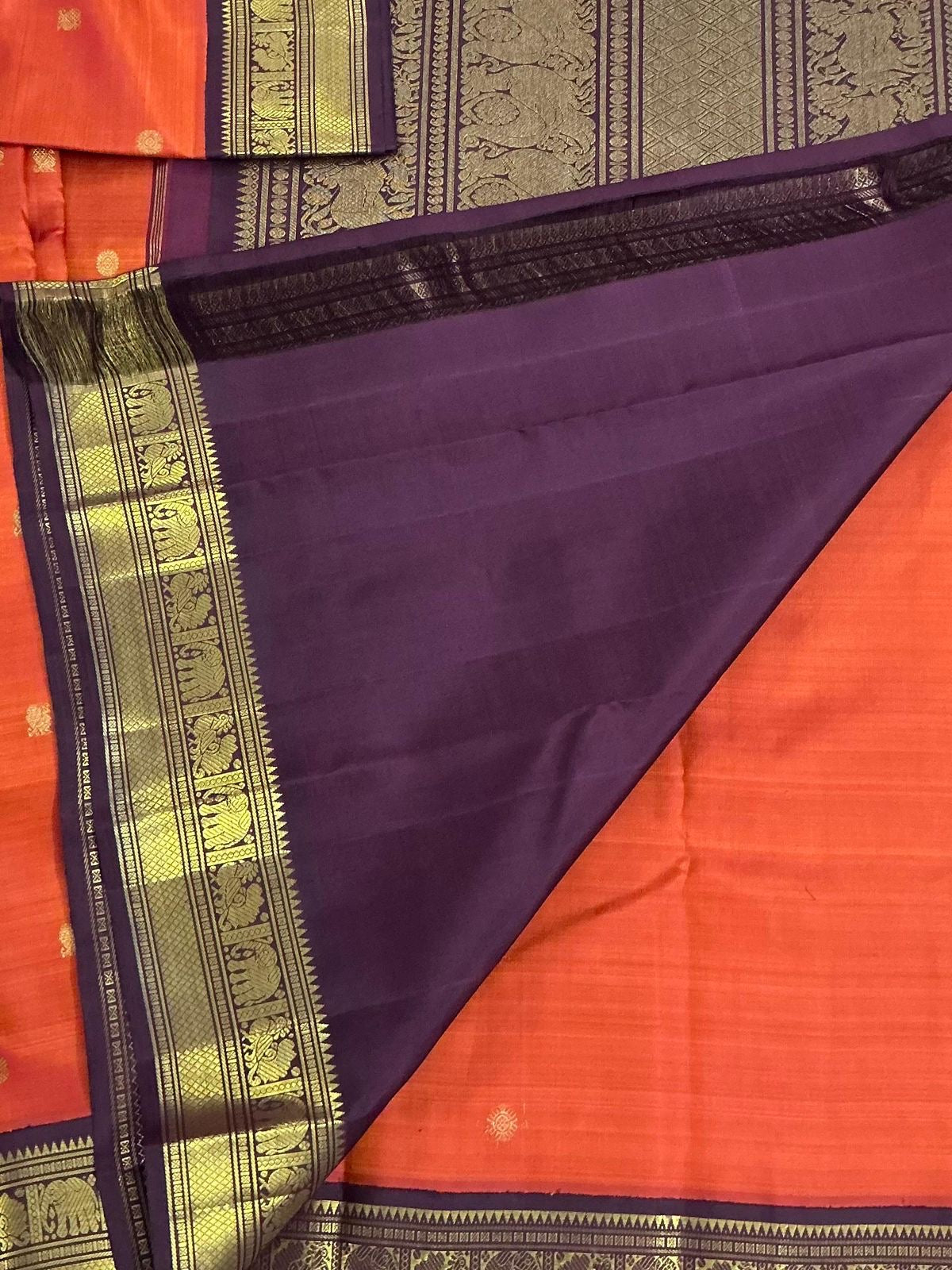 MYTHILI:  KORVAI KANJIVARAM SILK (Rust orange &amp; Nut Brown)