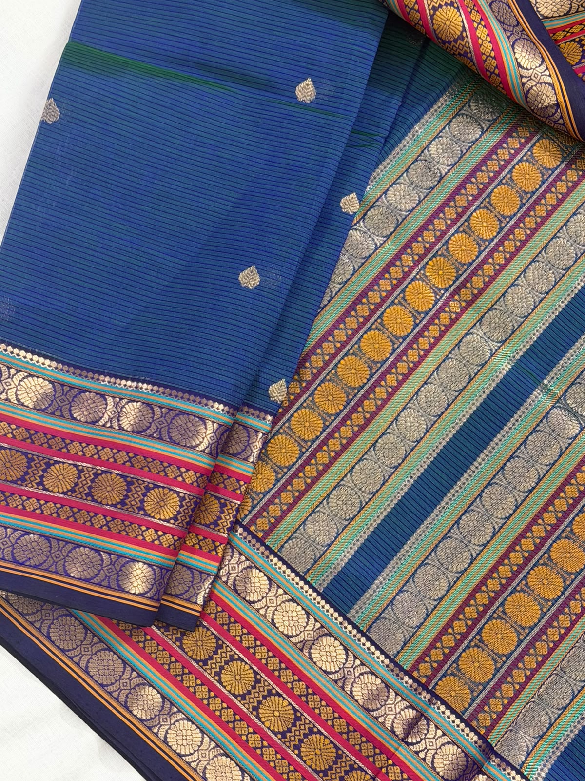 Silk Cotton :  Peacock Blue with Rich border