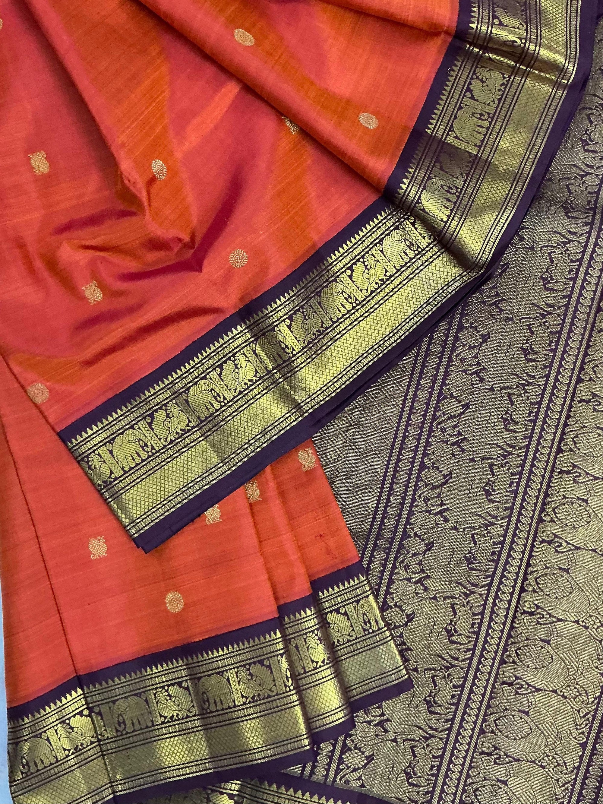 MYTHILI:  KORVAI KANJIVARAM SILK (Rust orange &amp; Nut Brown)