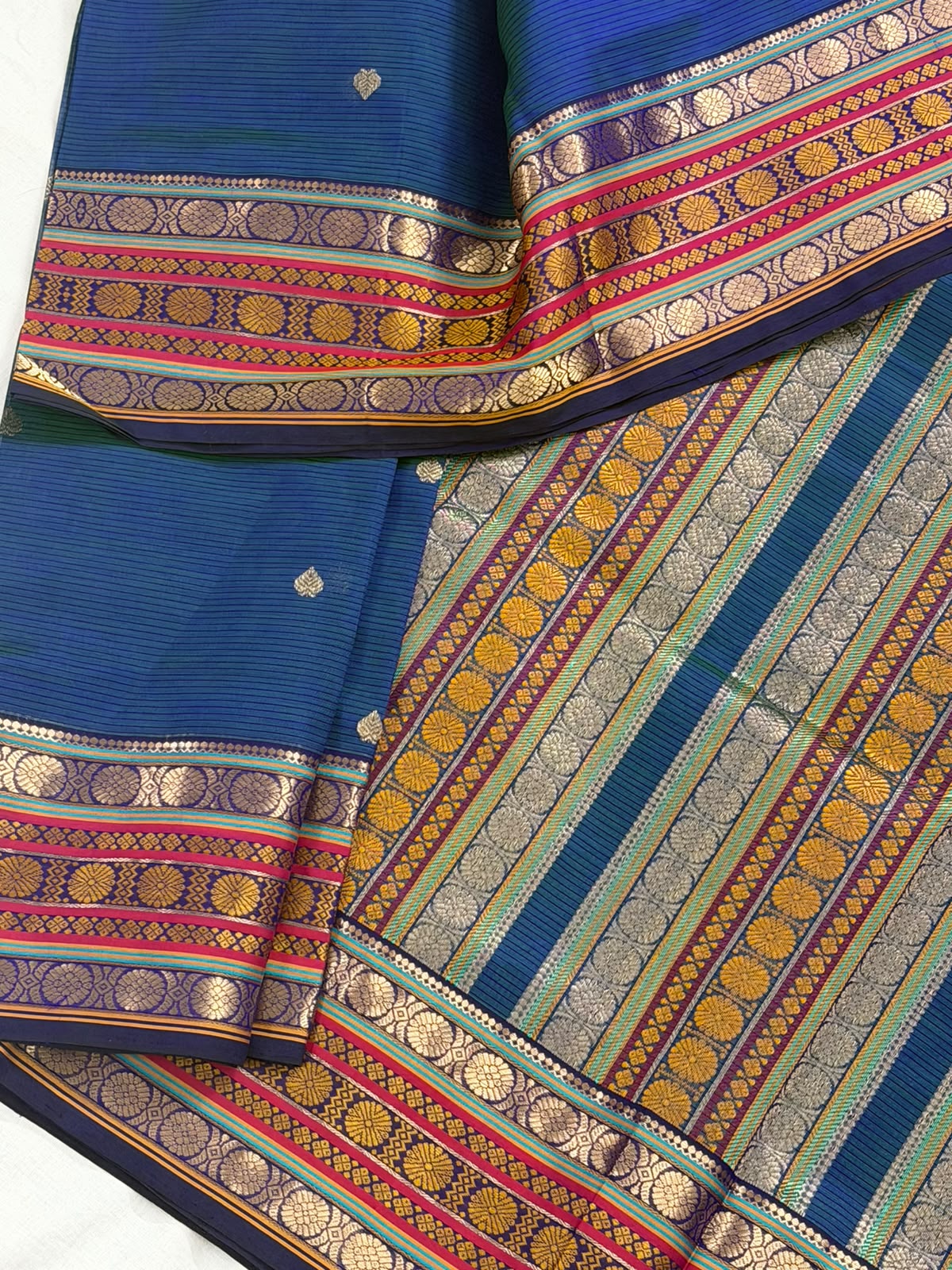 Silk Cotton :  Peacock Blue with Rich border