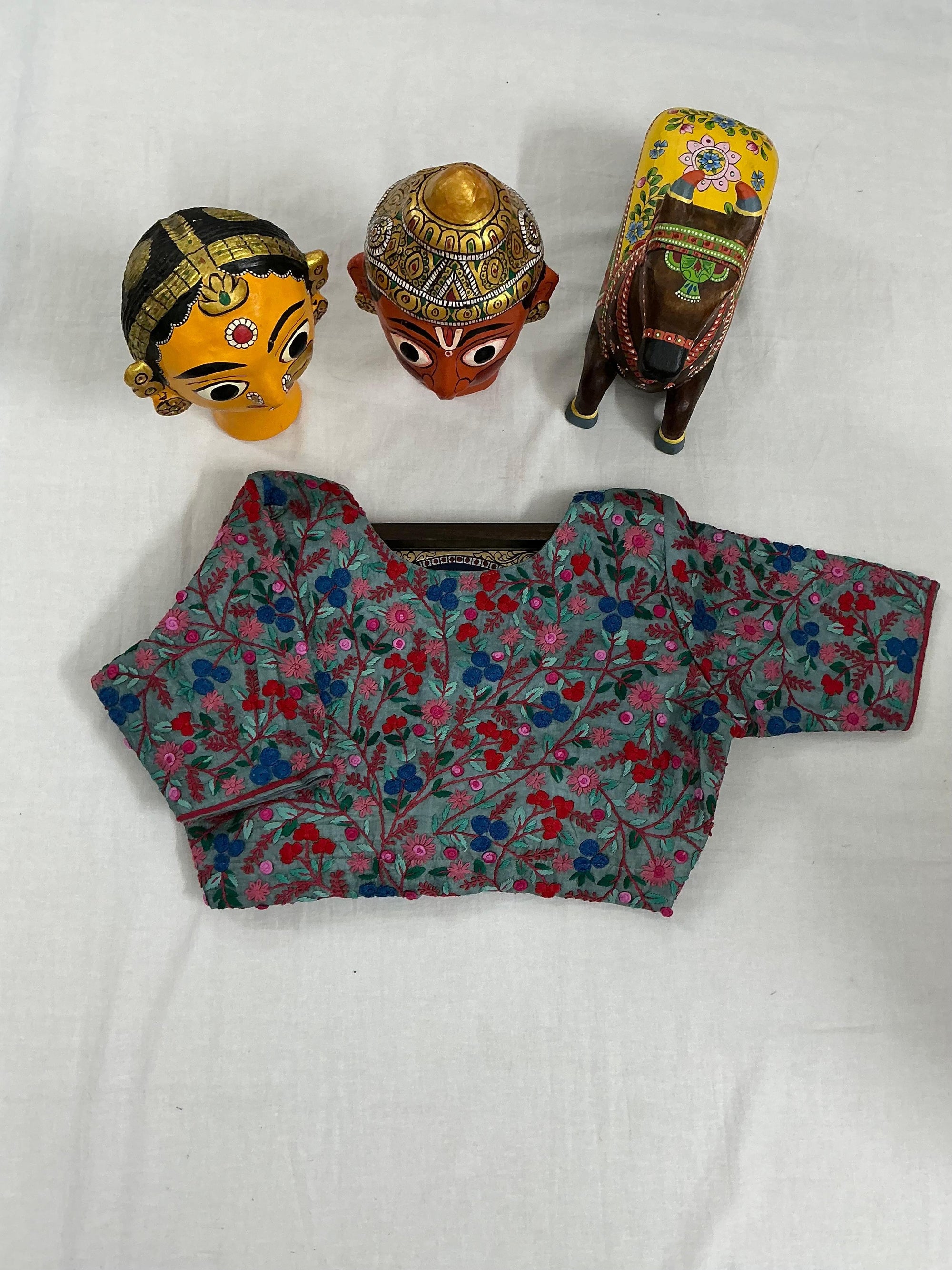 Handcrafted Ready to Wear Blouse : Tussar French Knot Embroidery (Blue Grey)