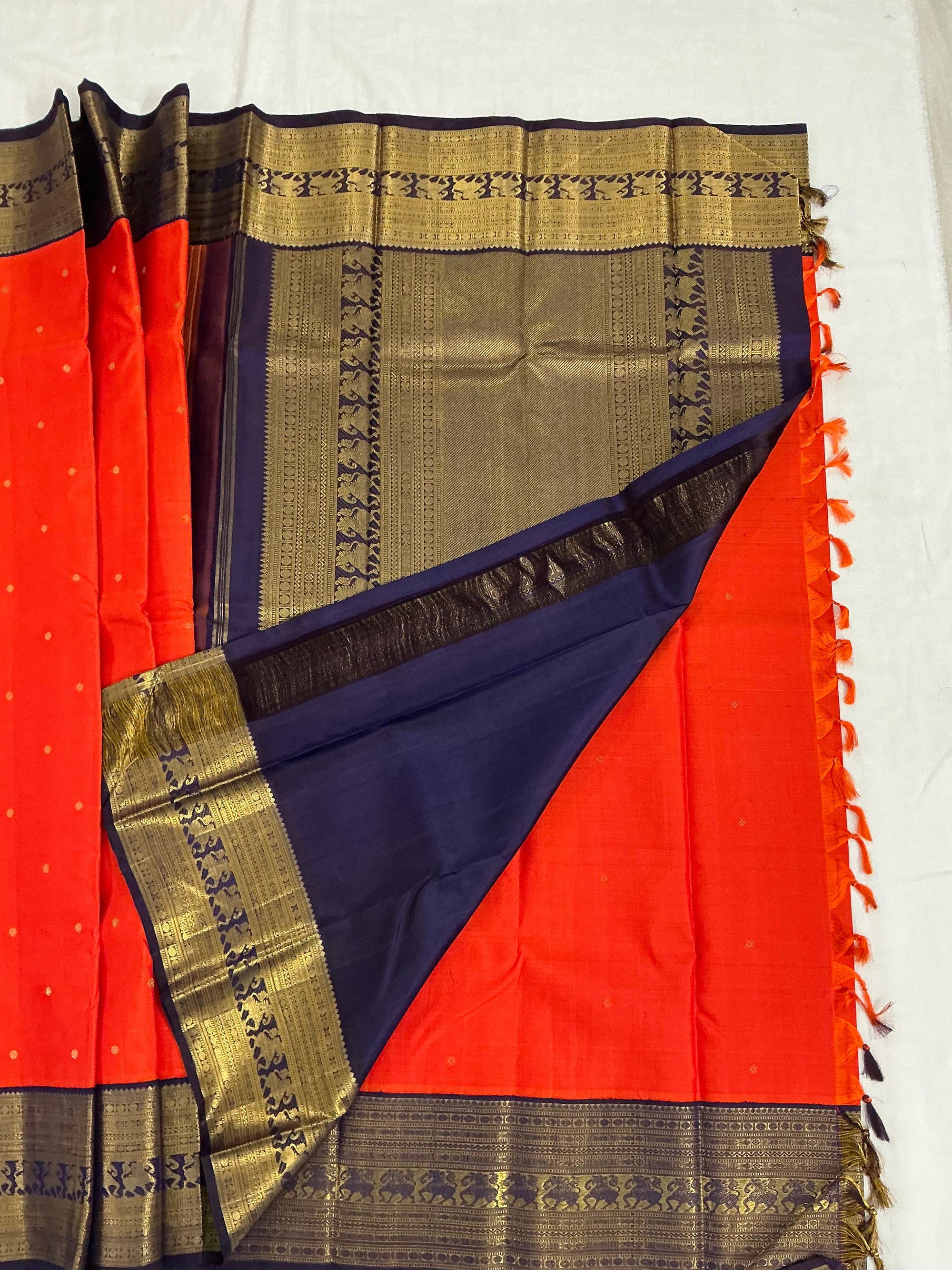 MYTHILI:  Vintage Inspired Kanjivarams (Fanta Orange + Navy Blue)