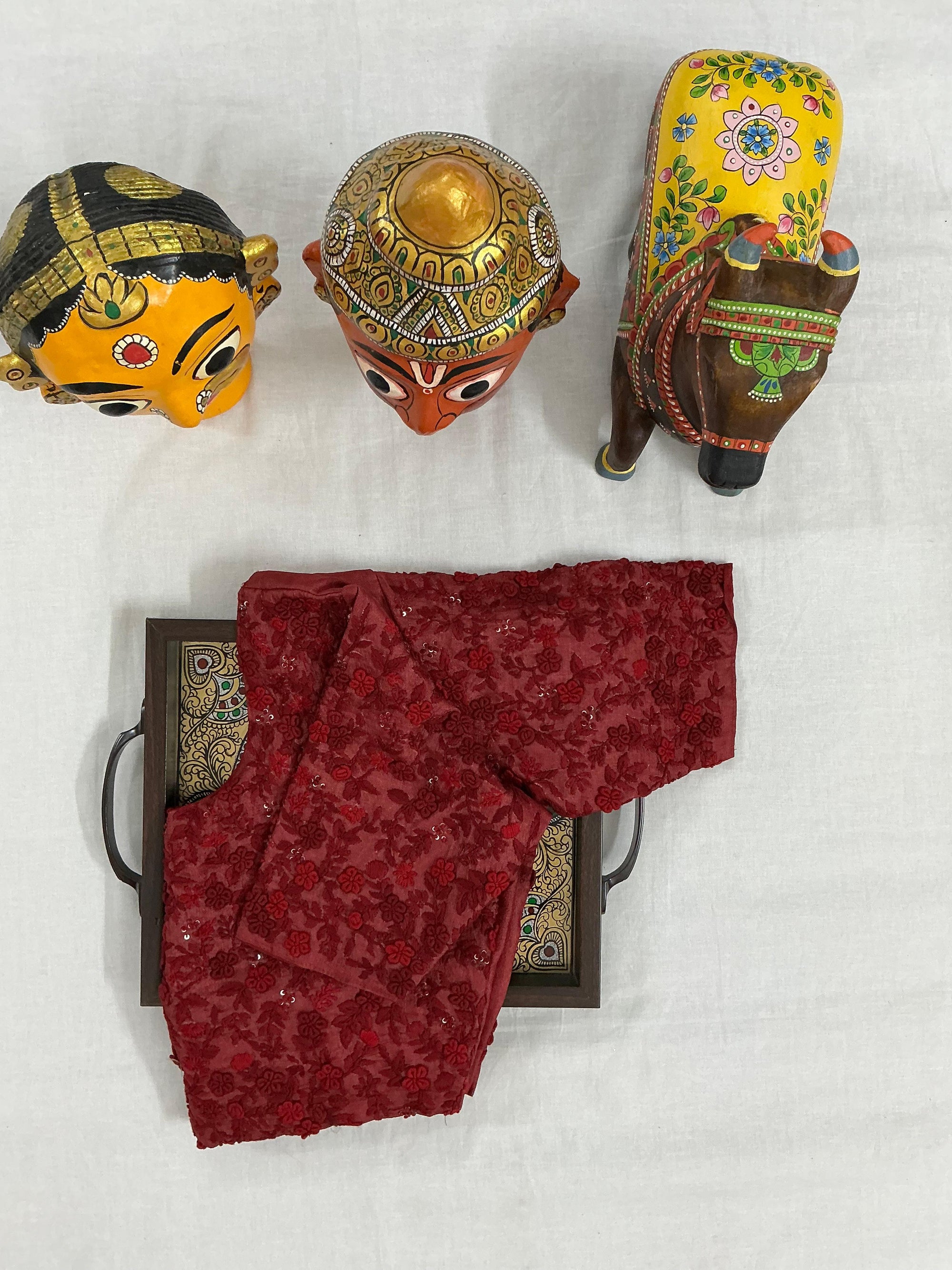 Handcrafted Ready to Wear Blouse : Tussar French Knot Embroidery (Rustish Maroon)