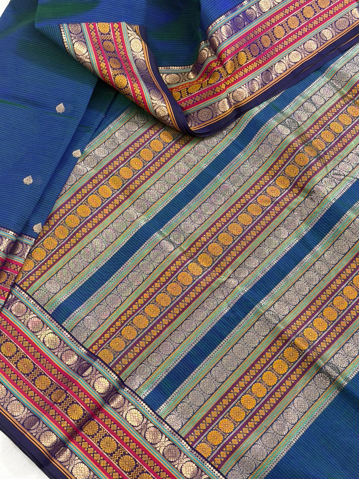 Silk Cotton :  Peacock Blue with Rich border