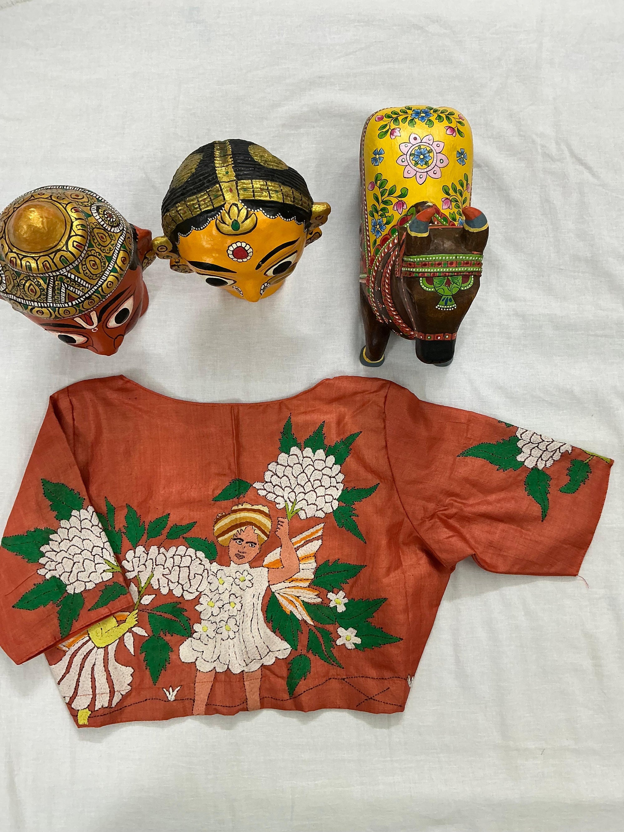 Handcrafted Ready to Wear Blouse : Kantha Embroidery (Orange)`