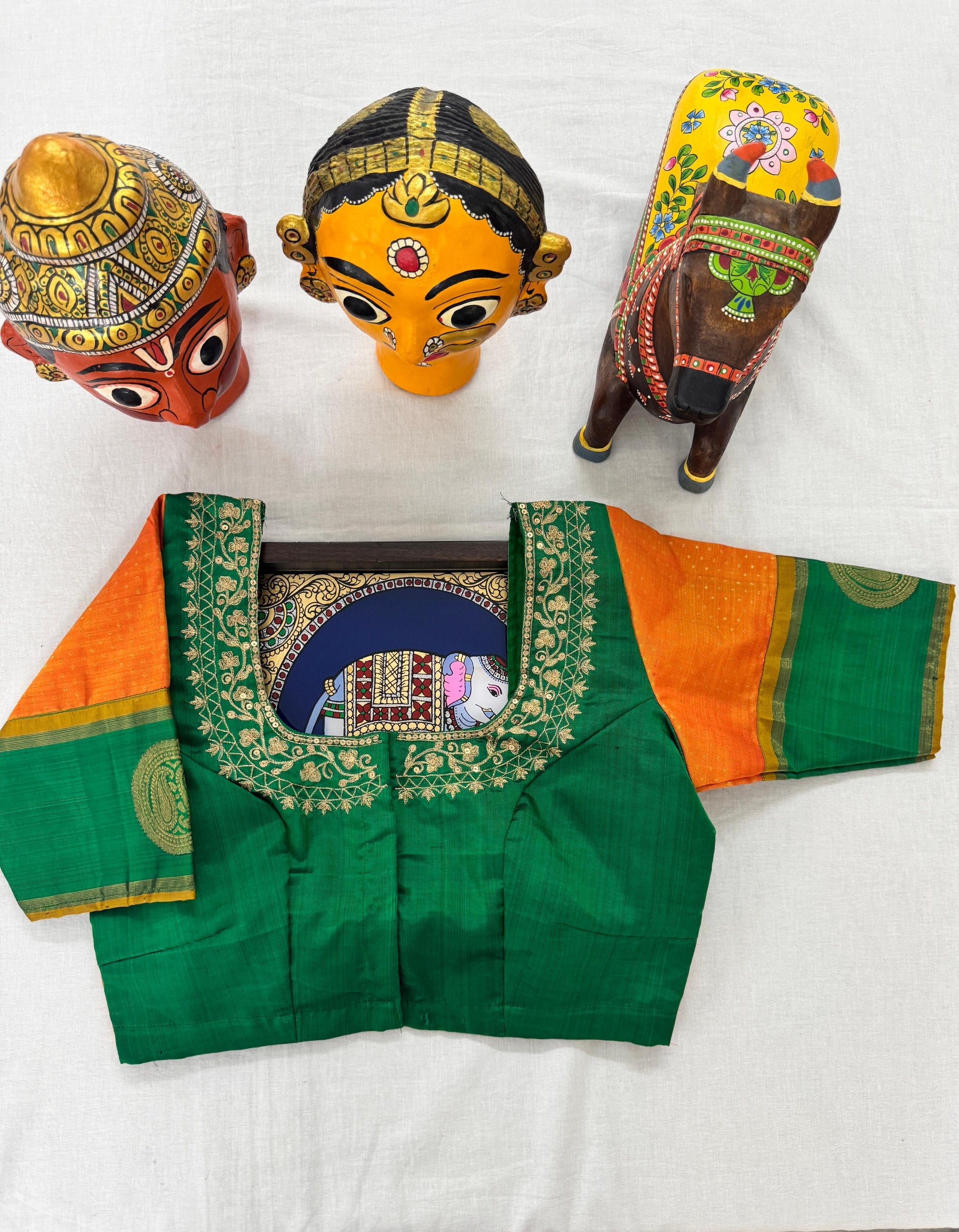 Handcrafted Kanjivaram silk Blouse : Orange + Green