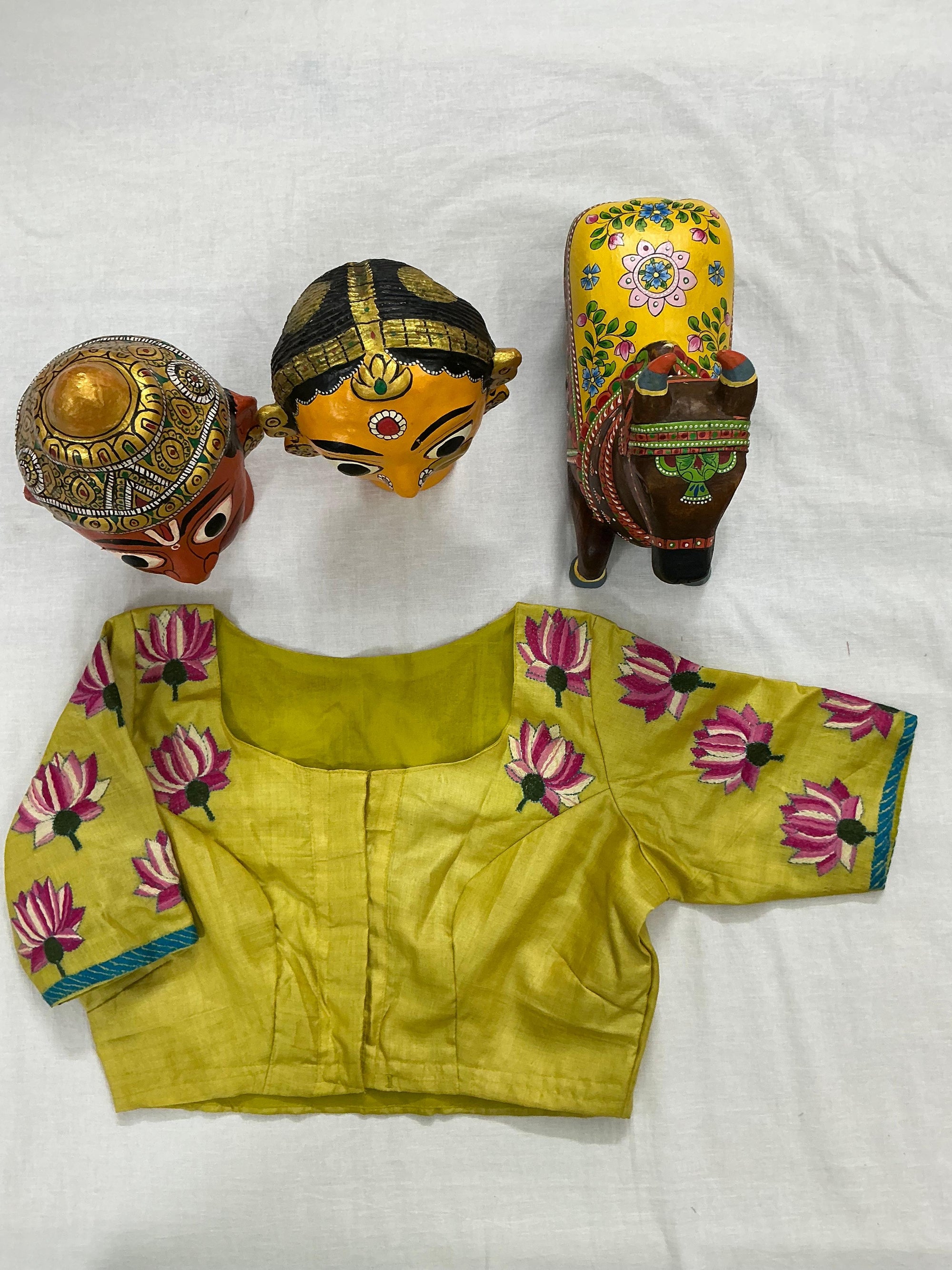 Handcrafted Ready to Wear Blouse : Kantha Embroidery (Chartreuse)
